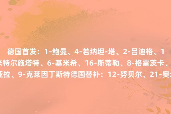 德国首发:1-鲍曼、4-若纳坦-塔、2-吕迪格、15-施洛特贝克、18-米特尔施塔特、6-基米希、16-斯蒂勒、8-格雷茨卡、19-萨内、10-穆西亚拉、9-克莱因丁斯特德国替补:12-努贝尔、21-奥尔特加、3-科赫、5-格罗斯、7-布尔卡特、11-阿米里、13-翁达夫、14-勒威林、17-比塞克、20-阿德耶米、22-劳姆、23-安德里希意大利首发:1-多纳鲁马、19-乌多吉、4-布翁乔尔诺、